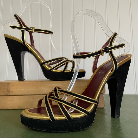 Prada Black Suede & Gold Strappy Platform Heels/Sandals *Italy* - Picture 12 of 12